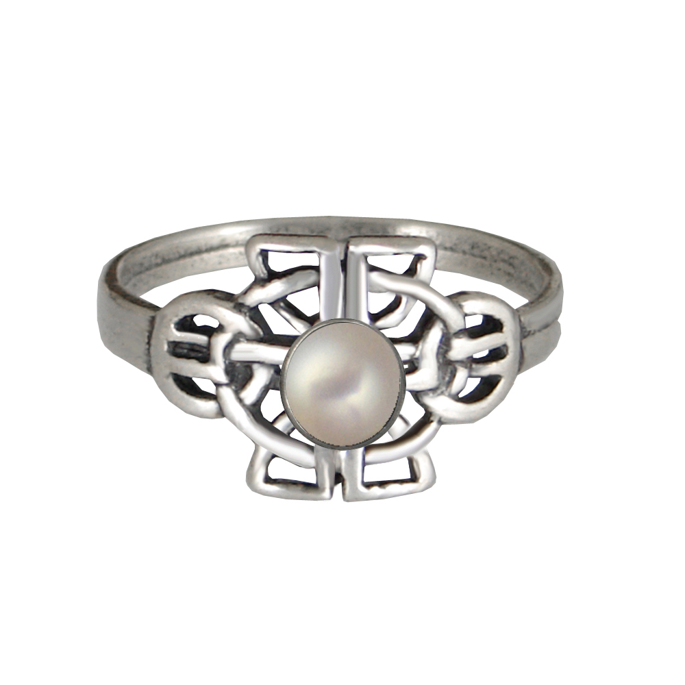 Sterling Silver Celtic Knotwork Ring With Cultured Freshwater Pearl Size 6